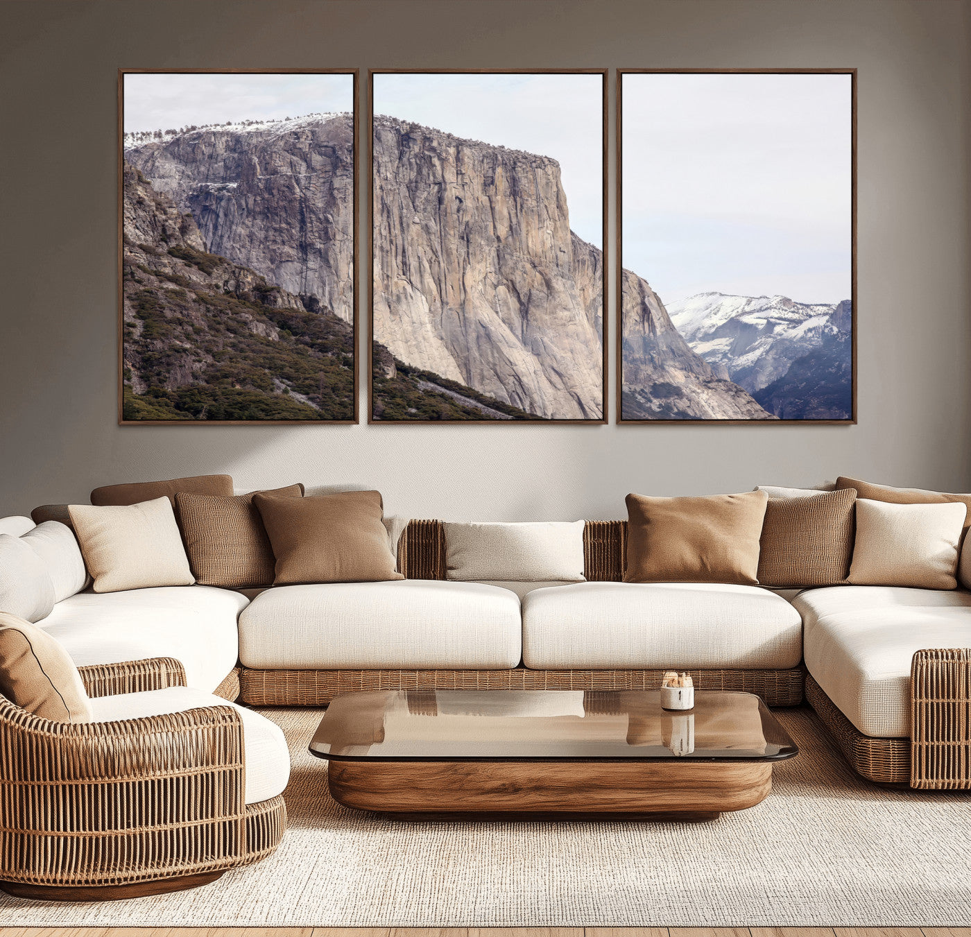 Framed canvas of El Capitan’s vertical granite face in Yosemite with snowy peaks, ideal for Sierra minimalism or mountain-inspired decor.