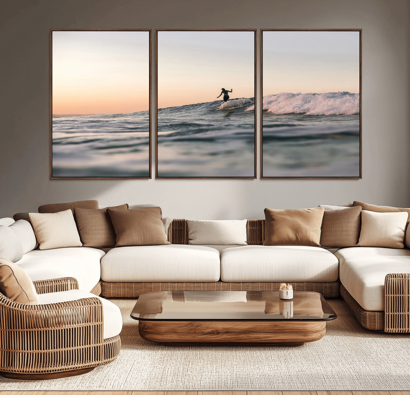 Framed canvas of a female surfer balancing on a wave at sunset, perfect for serene surf or ocean-inspired coastal decor.