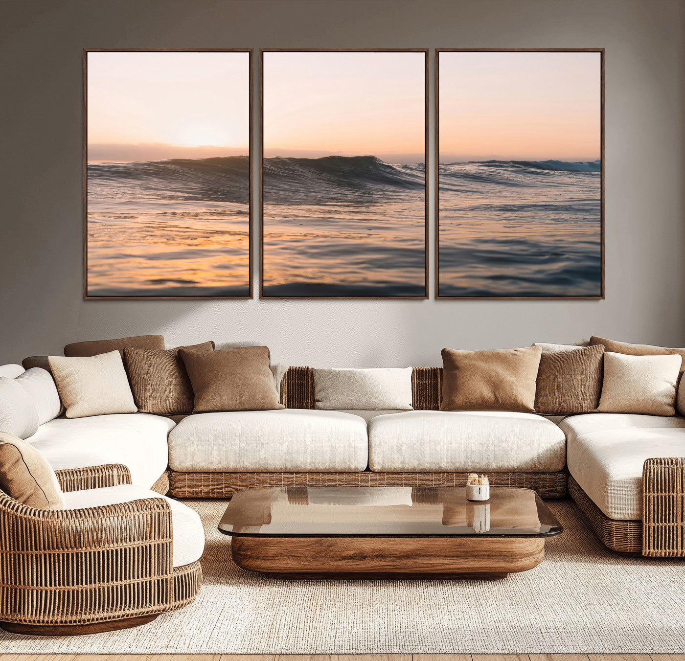 Framed canvas of ocean waves glowing in sunset light, ideal for golden hour calm or peaceful coastal-inspired wall decor.