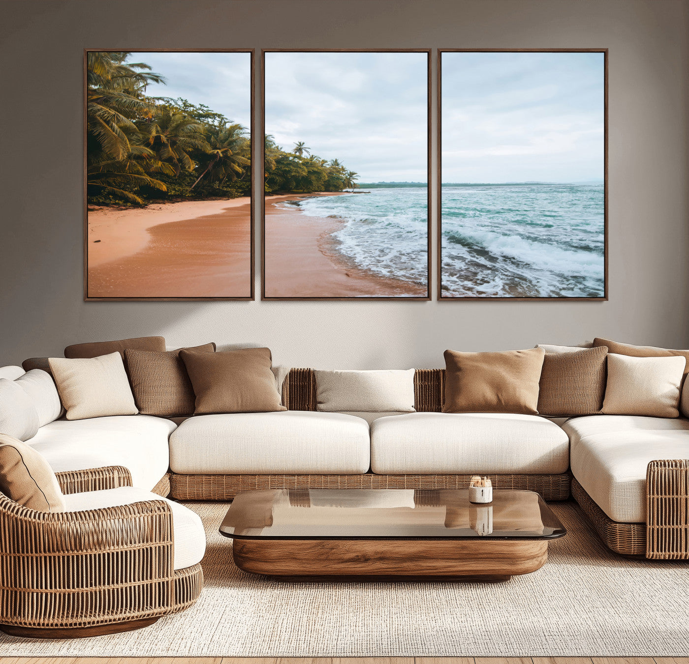 Framed canvas of a tropical beach with palm trees and soft waves, ideal for coastal escape or serene nature-inspired home decor.