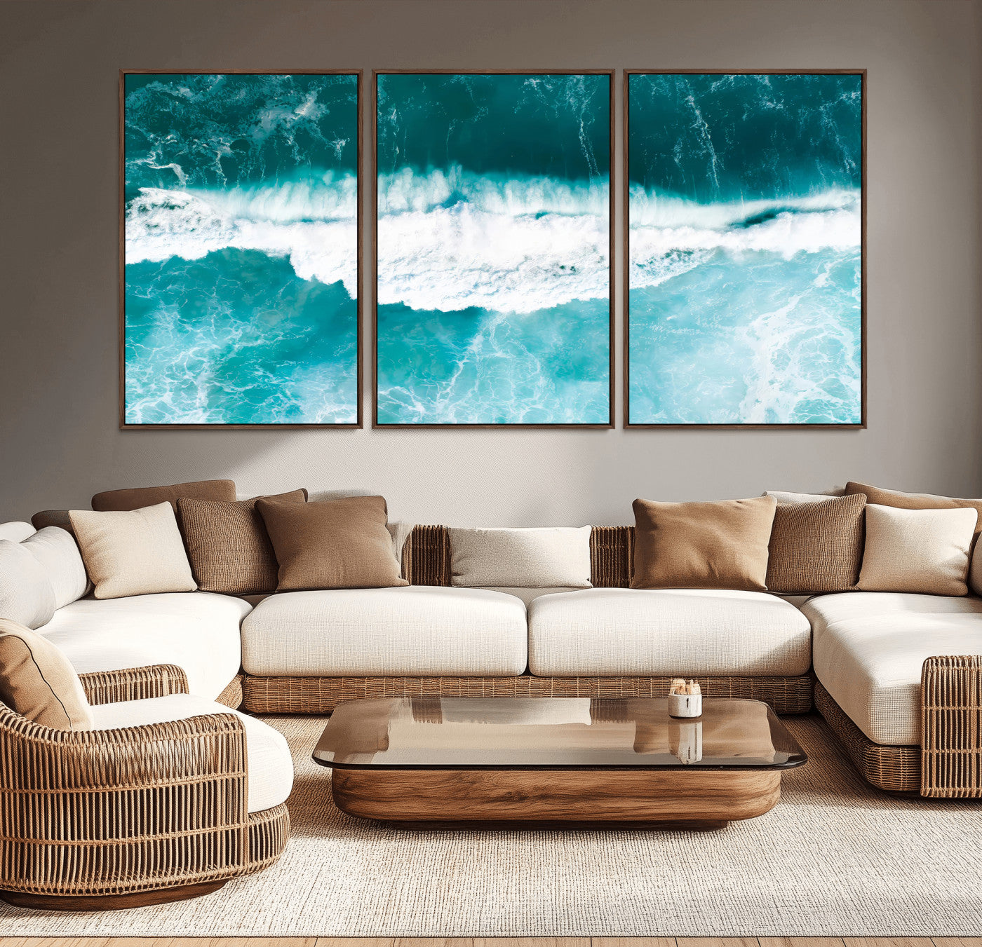 Aerial view of turquoise ocean waves crashing with white foam, perfect for tropical coastal or modern beach-style home decor.