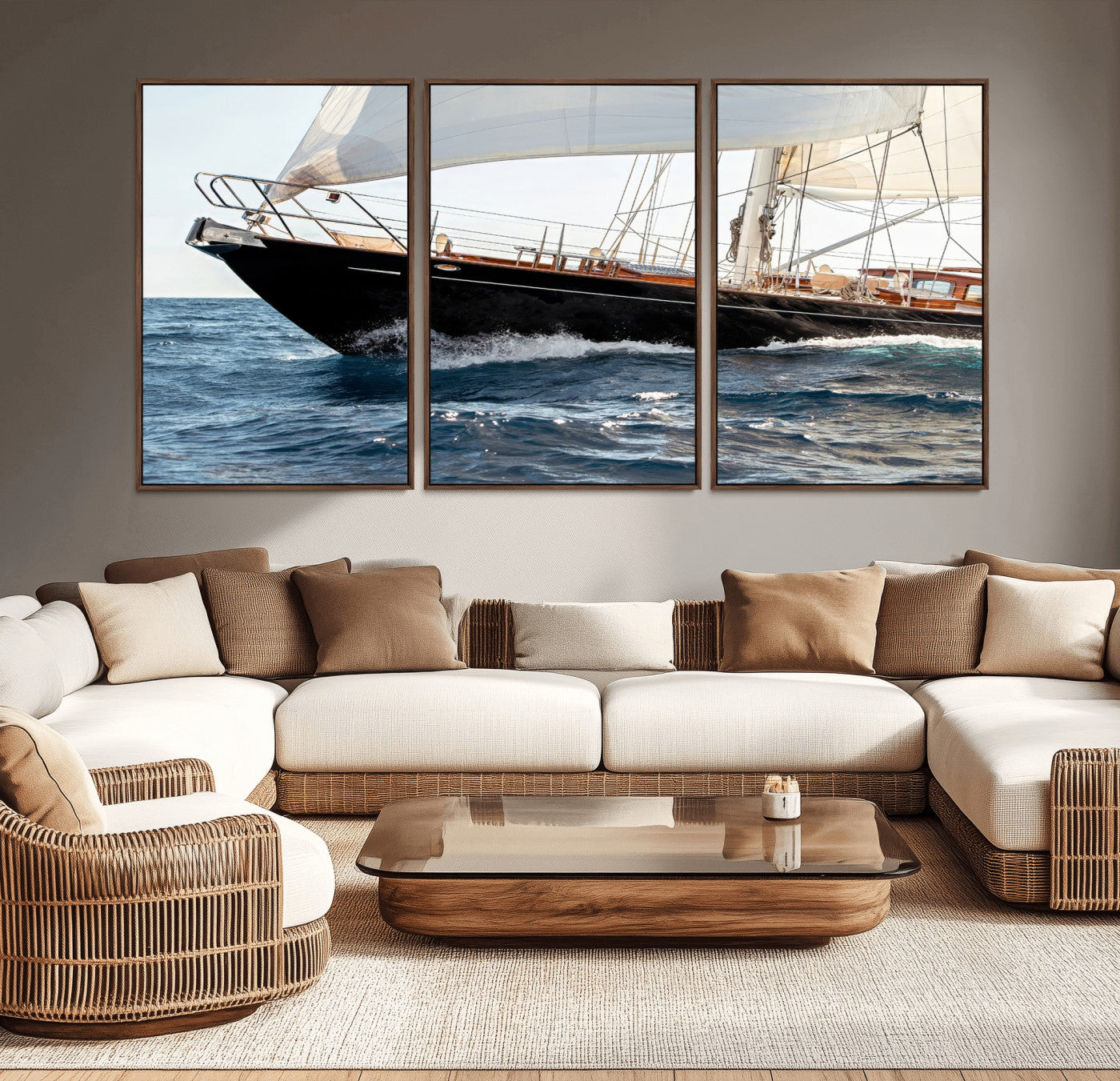 Close-up of a classic sailing yacht with wooden deck and full sails, perfect for nautical or coastal-style decor in ocean-themed spaces.