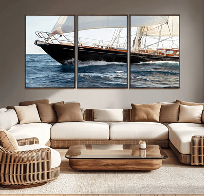 Close-up of a classic sailing yacht with wooden deck and full sails, perfect for nautical or coastal-style decor in ocean-themed spaces.