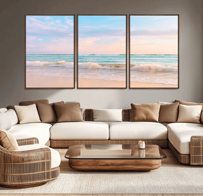 Pastel-toned ocean waves under soft sunset skies, ideal for pastel coastal or serene beach-style home decor.