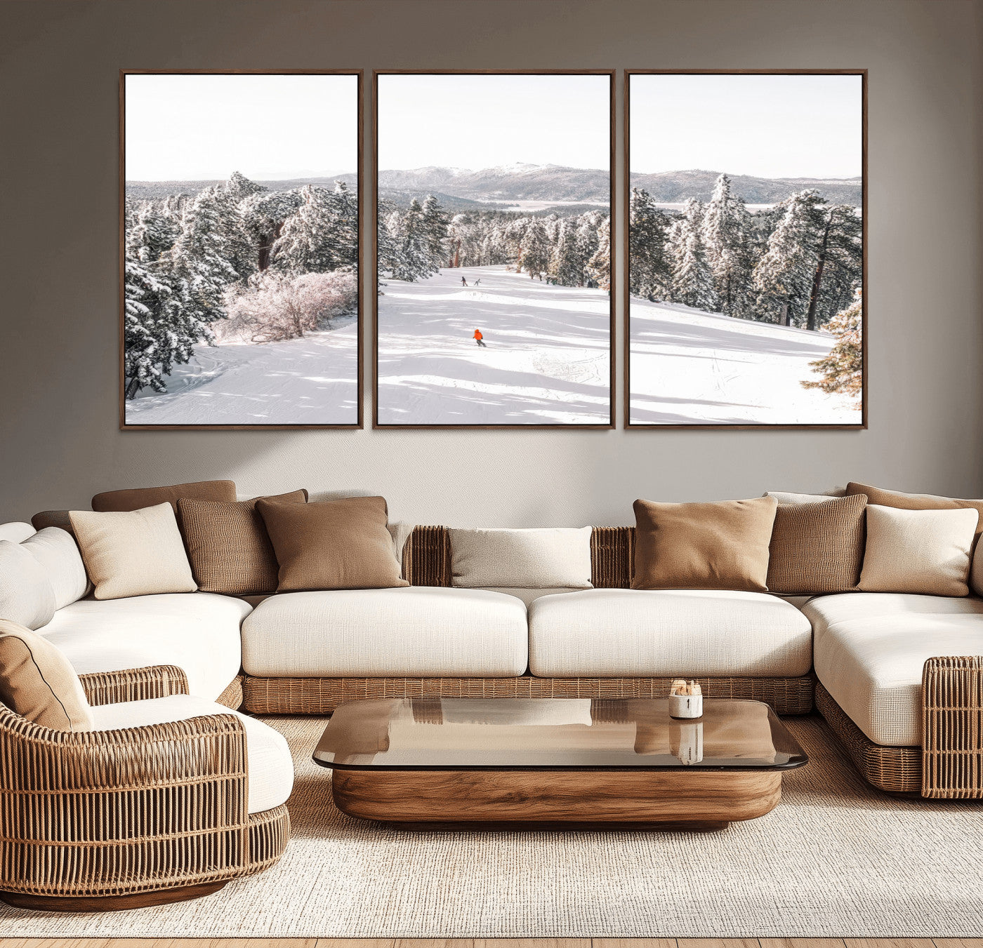 Bright ski trail lined with snow-covered pines and a skier in orange, perfect for alpine adventure or winter sports-inspired decor.
