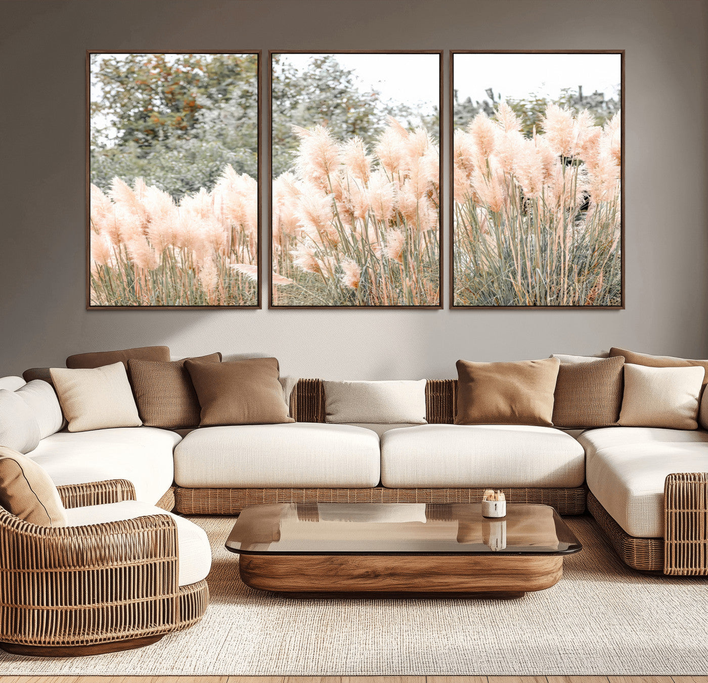Soft pastel pampas grasses in a natural setting, ideal for neutral boho or rustic botanical-style interior wall decoration.