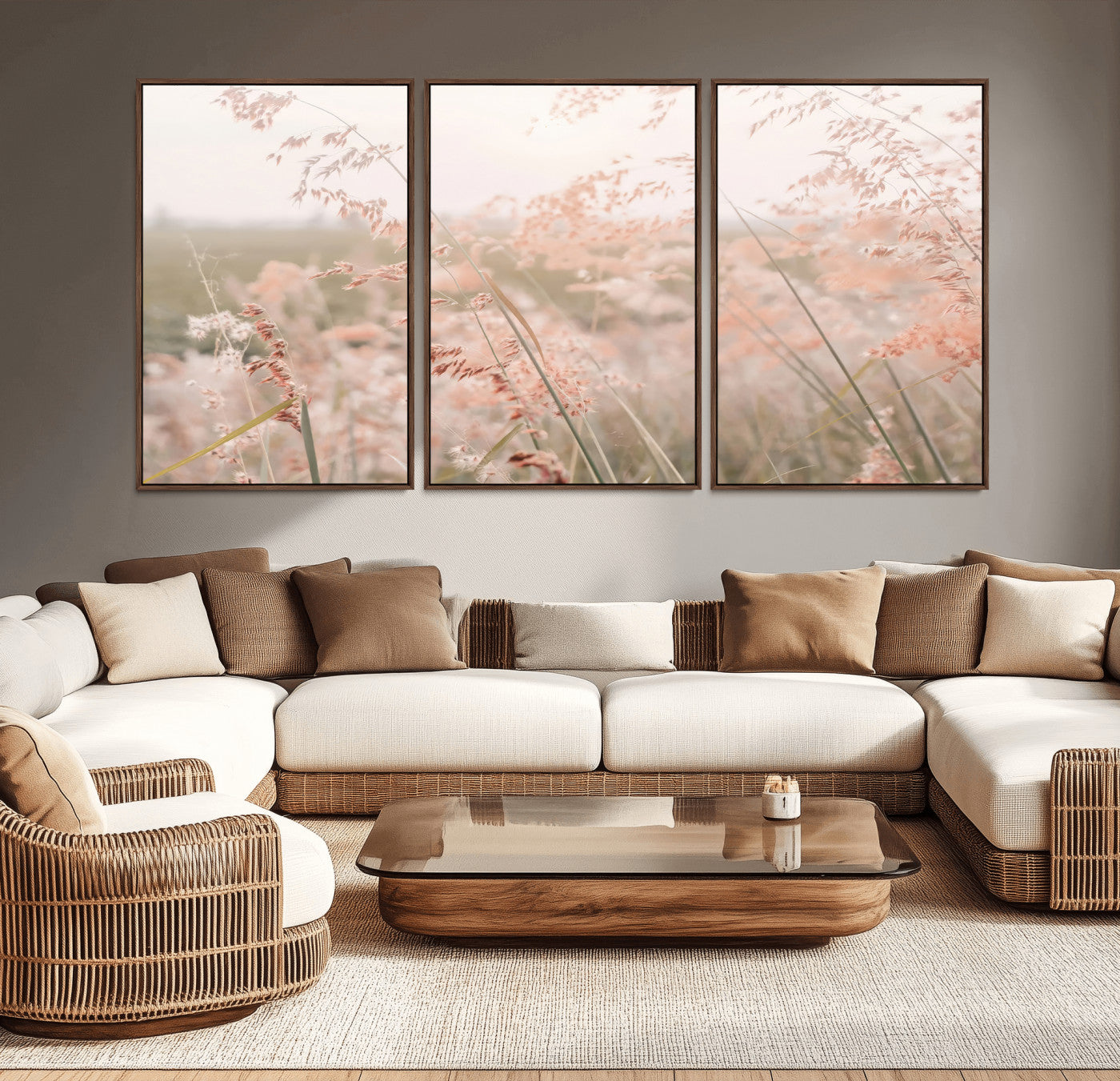 Soft pastel field with wild grasses in warm light, ideal for minimal nature or airy countryside-inspired interior wall decoration.