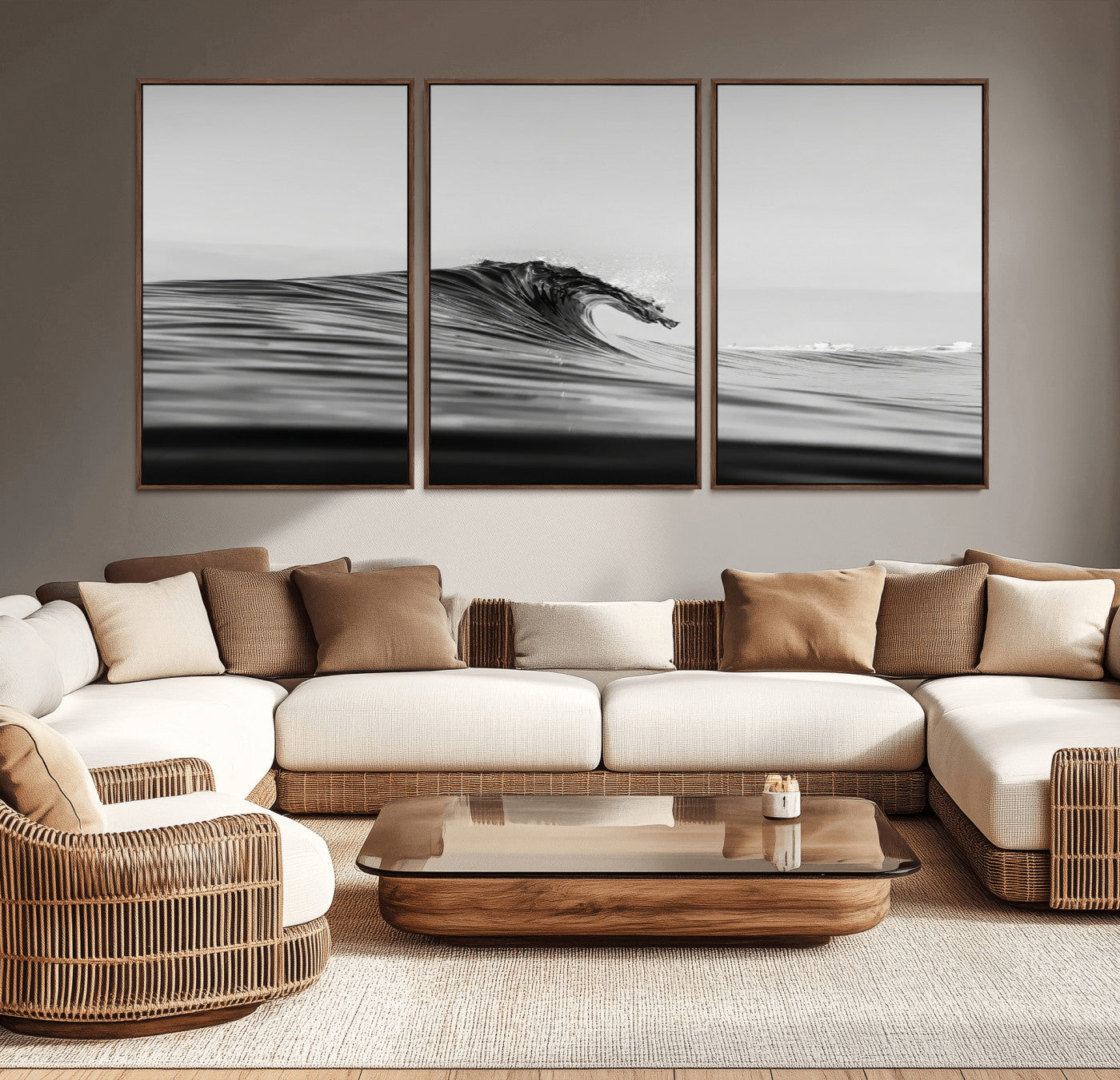 Striking black and white photo of a curling wave, ideal for modern coastal or minimalist wall decor settings.
