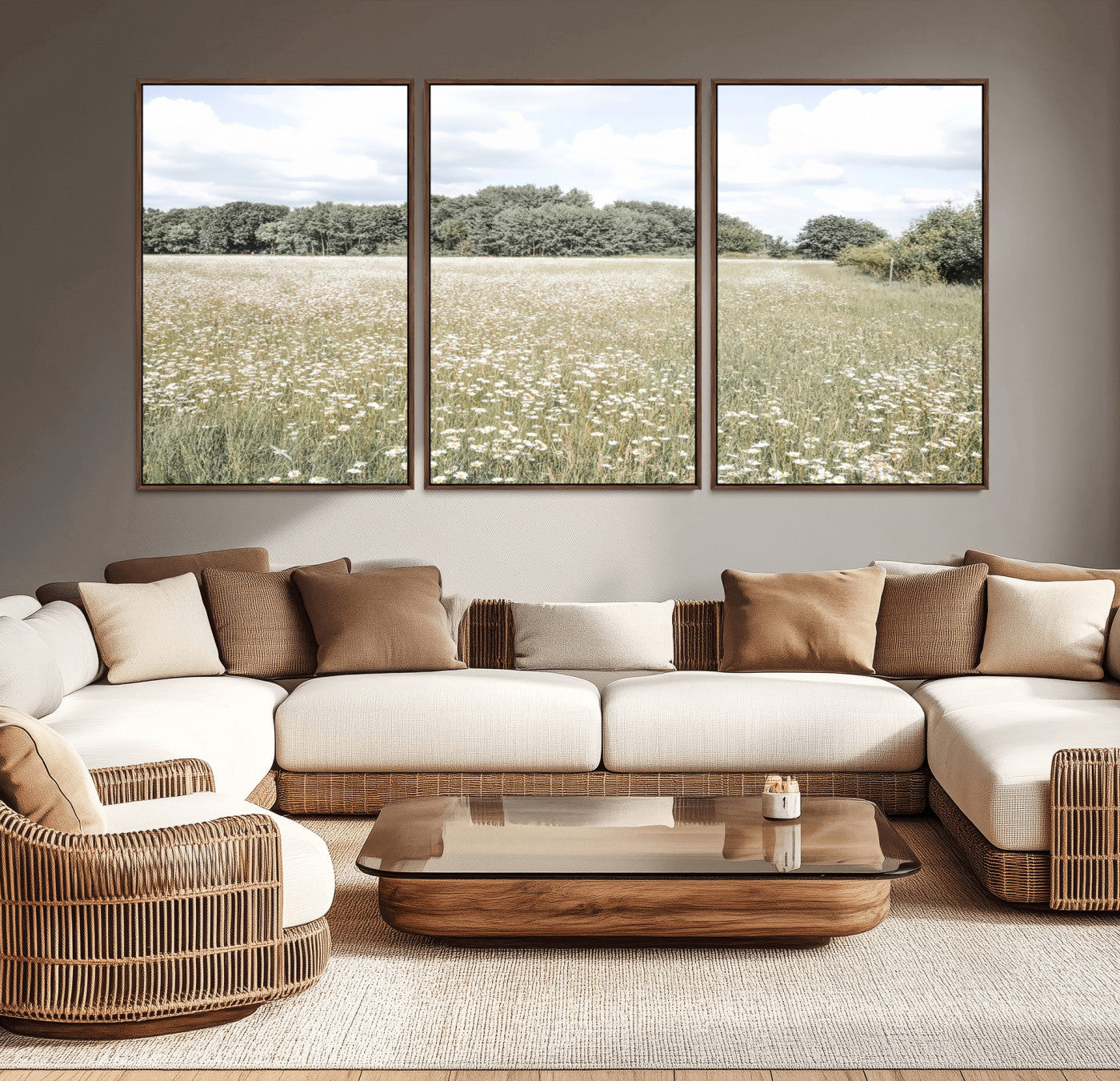 Soft-toned image of a wild daisy field under a cloudy sky, ideal for neutral or Scandinavian-inspired home decor.