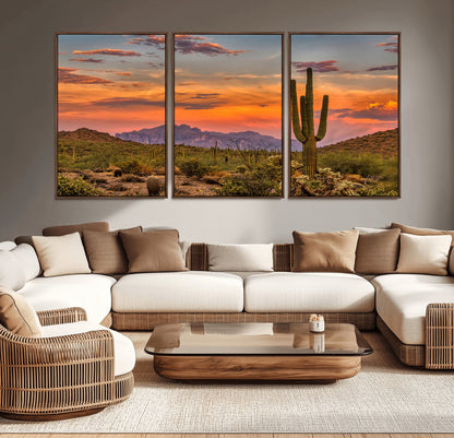 Vibrant desert sunset with saguaro cacti and distant mountains, perfect for Southwestern or warm-toned home decor.