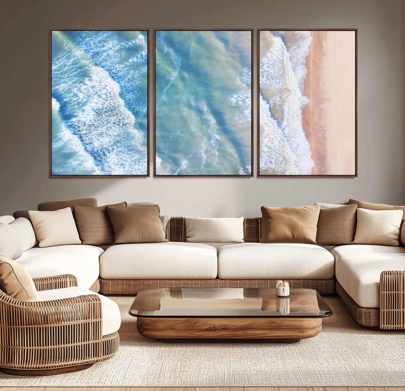 Aerial photo of soft blue waves meeting sandy shore, perfect for modern coastal or beach-themed decor with a light and tranquil aesthetic.