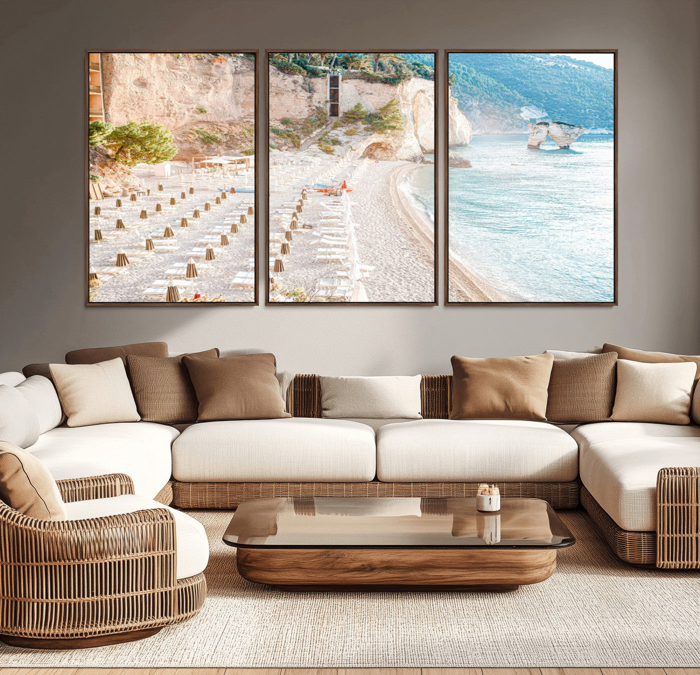 Wall art of a calm Mediterranean beach with rows of sun loungers and umbrellas in soft pastel tones, perfect for light coastal or vacation-themed decor.