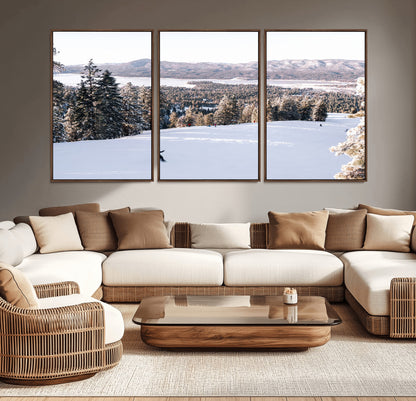 Canvas of a snowy mountain ski slope with pine trees and bright winter light, ideal for modern rustic or alpine-inspired home decor.
