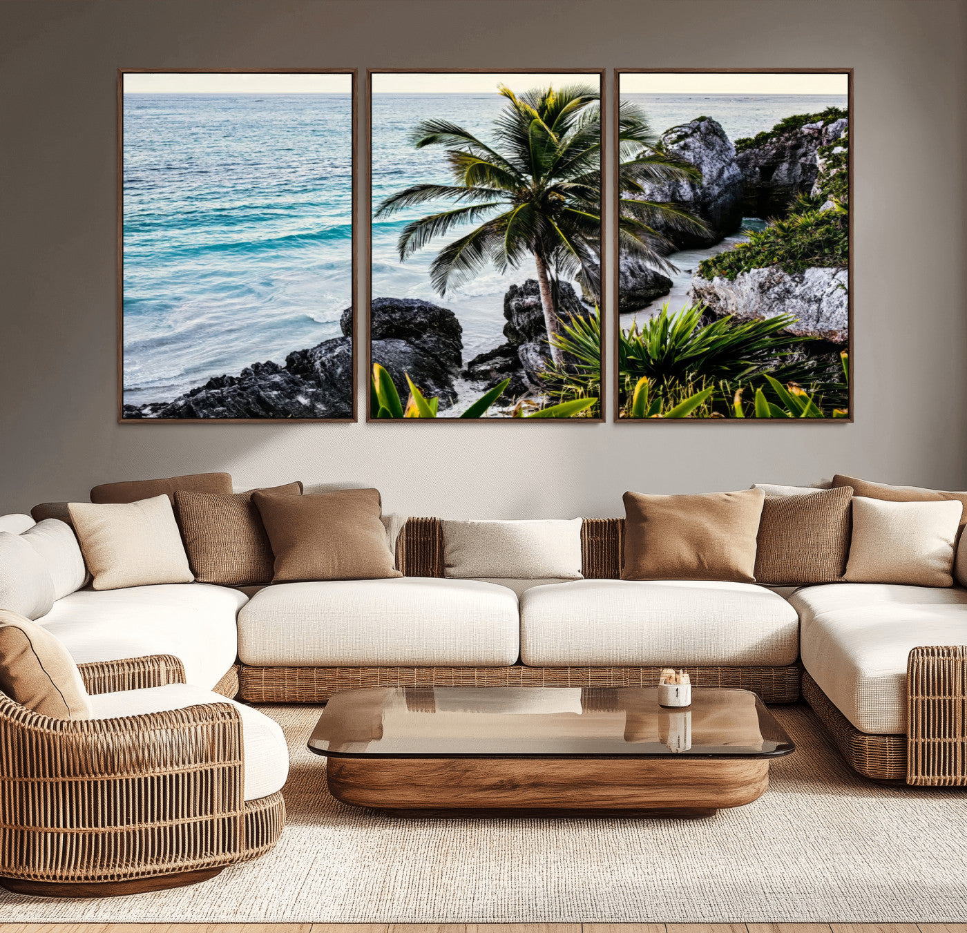 Framed canvas of a vibrant tropical coastline with palm trees, rocky cliffs, and turquoise waters, ideal for tropical coastal home decor.