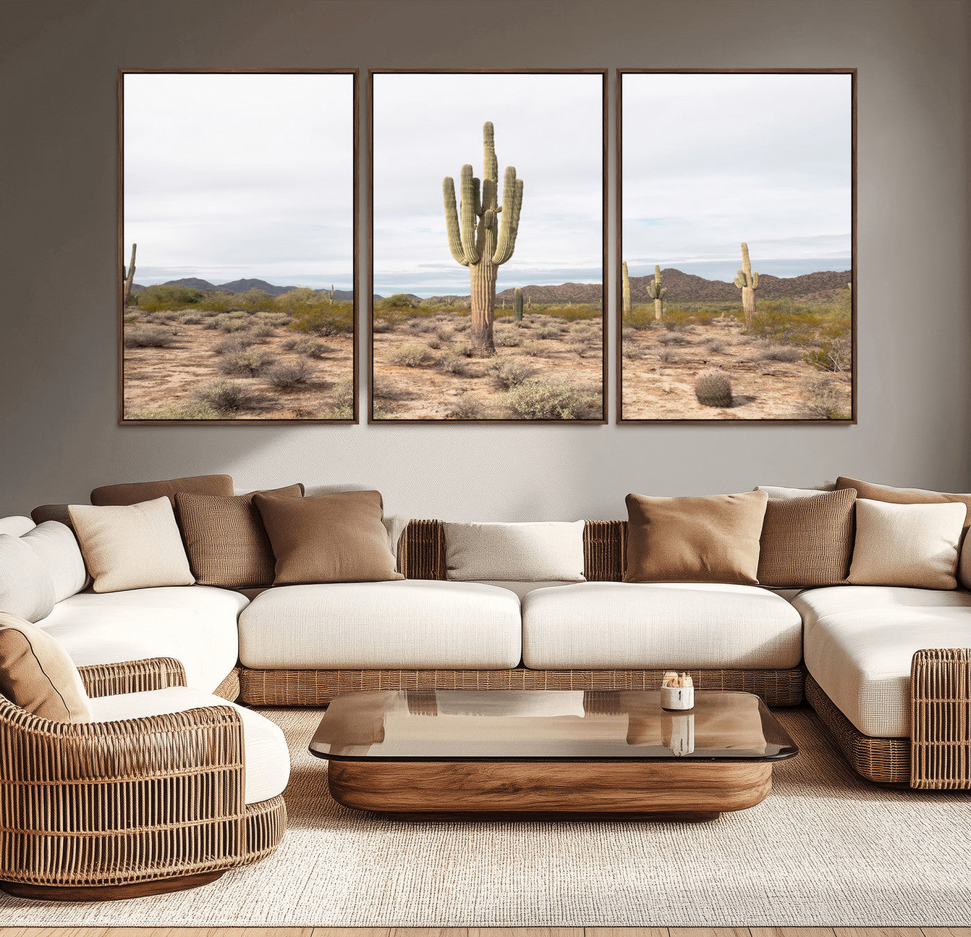 Canvas of a saguaro cactus in an earthy Sonoran desert landscape, ideal for Southwestern Boho or desert minimalism inspired home decor.   2/2