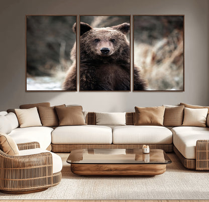 Canvas of a brown bear in soft earthy tones and moody forest light, ideal for rustic cabin or woodland nature-themed home decor.