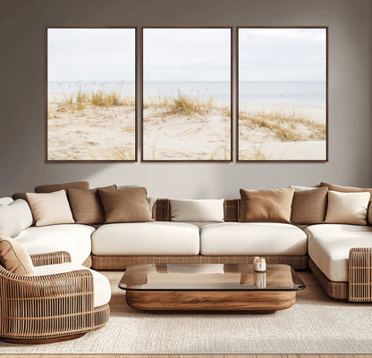 Canvas of soft beach dunes and coastal grasses in neutral tones, perfect for Scandinavian coastal or minimalist nature-inspired home decor.   2/2