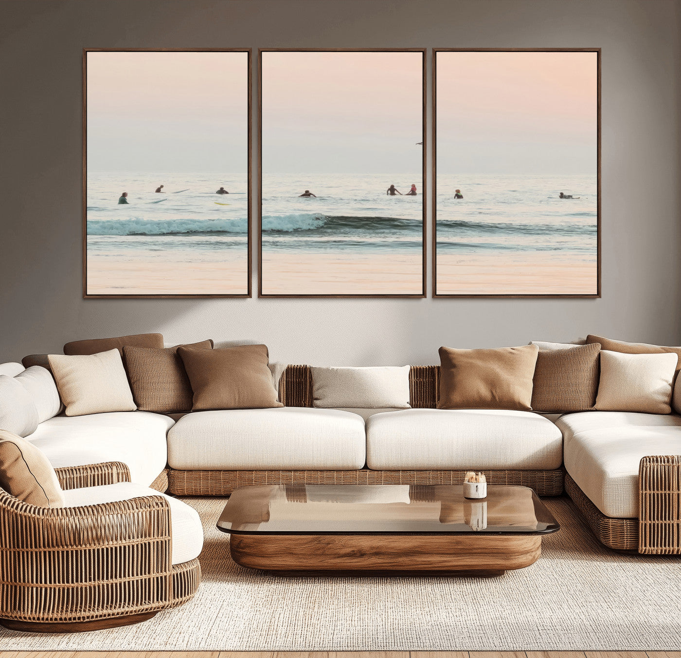 Dreamy photo of surfers waiting on soft pastel waves under a pink sunset sky, ideal for soft coastal minimalist or serene ocean-themed home decor.