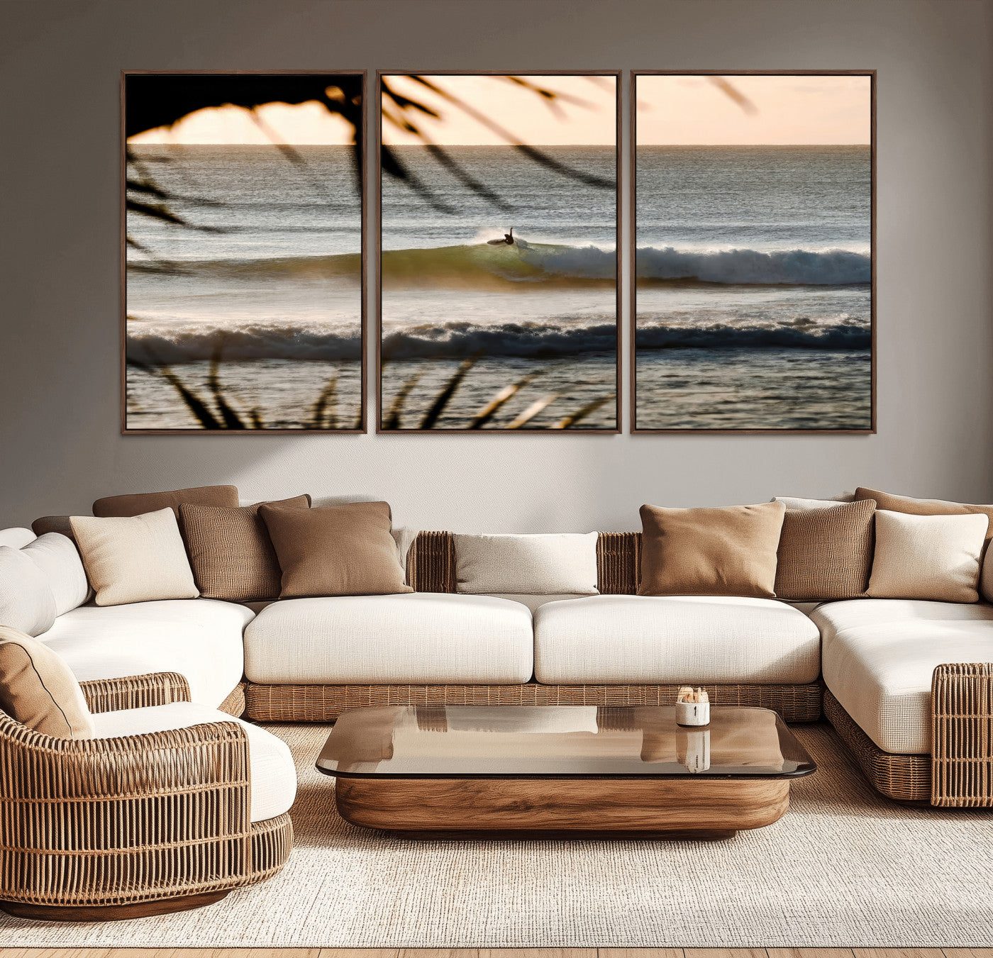 Photo of a surfer riding a golden hour wave at sunset, with tropical tones and dreamy light, perfect for tropical boho or coastal home decor.