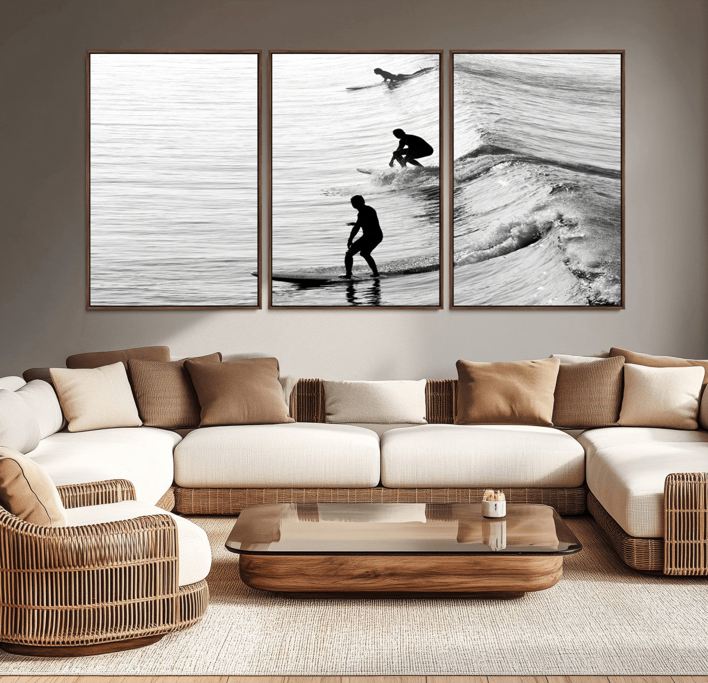 Black and white photo of surfers riding waves in a moody, high-contrast scene, ideal for modern coastal or surf-inspired home decor.