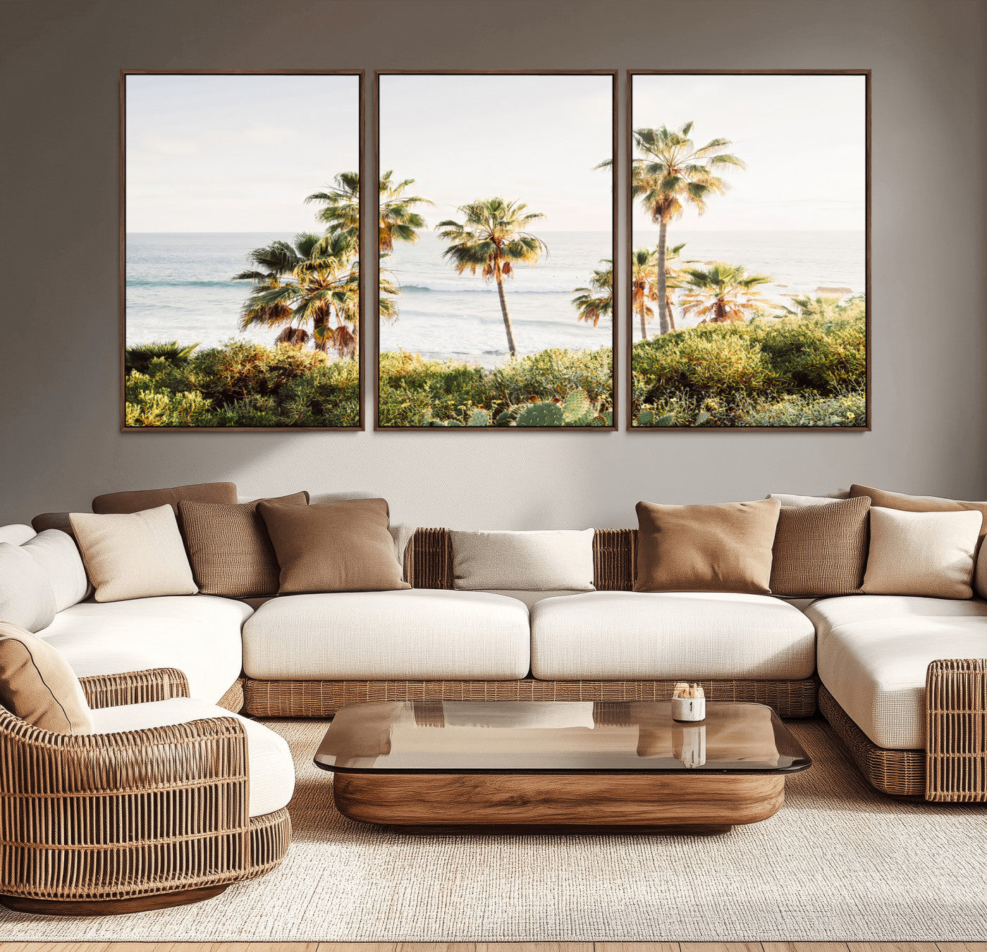 Framed print of sunlit palm trees on the California coast with warm tones, perfect for coastal minimalist or beach-style home decor.