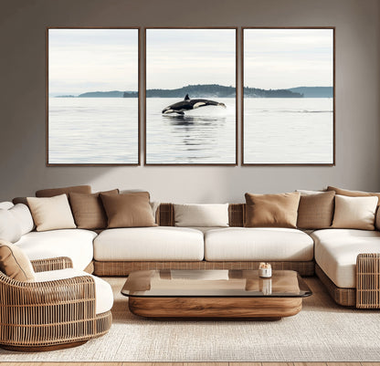 An orca jumping out of calm ocean waters with a misty island in the background, creating a serene and minimalist marine wildlife scene.