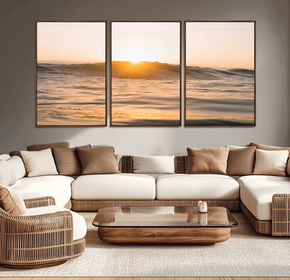 Ocean waves glowing under a warm golden sunset, reflecting soft light and calm movement, perfect for warm minimalist coastal interiors.