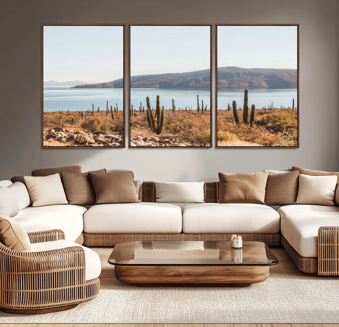 Warm desert landscape with cacti and coastal mountains, perfect for southwestern or earthy calm-themed home wall decor.