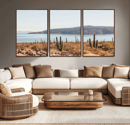 Warm desert landscape with cacti and coastal mountains, perfect for southwestern or earthy calm-themed home wall decor.