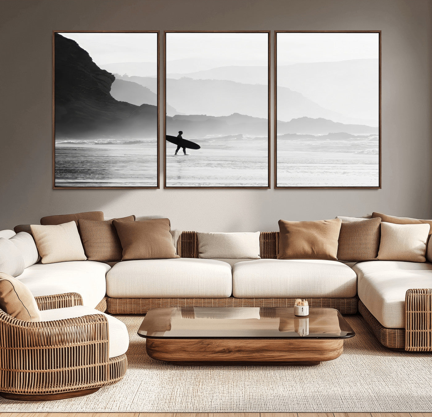 A lone surfer walking along a misty beach with cliffs in the background, carrying their board, capturing a serene and minimal ocean moment.