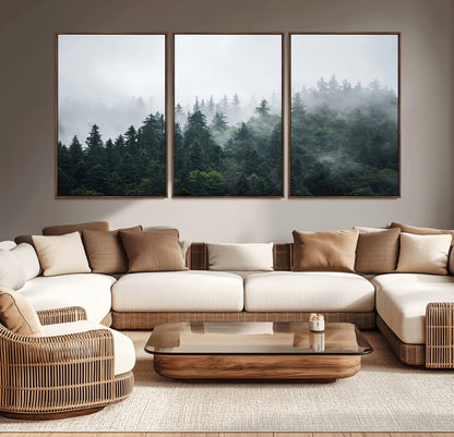 A misty evergreen forest shrouded in soft fog, creating a tranquil and moody landscape with lush green trees fading into the distance.
