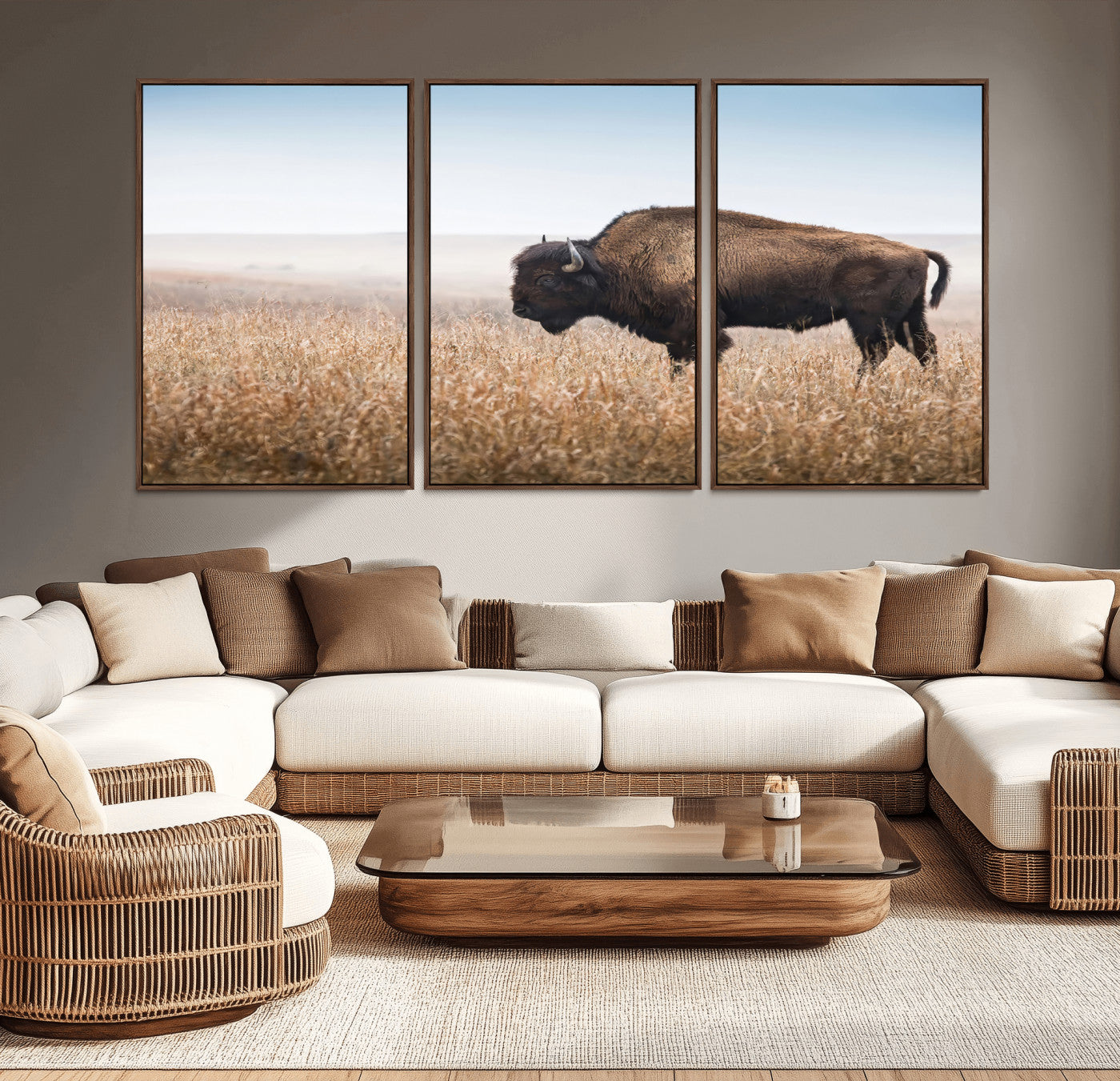 A majestic bison standing in an open prairie field, its strong form blending into the golden grass under a vast blue sky, evoking the wild spirit of the American plains.
