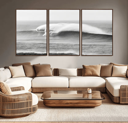 A dramatic black and white ocean wave crashing with immense force, capturing the raw power and movement of the sea in a bold seascape.