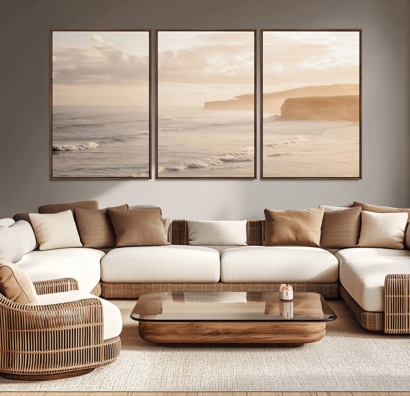 Golden hour seascape with misty cliffs and gentle waves rolling towards the shore, capturing a tranquil and warm coastal atmosphere.