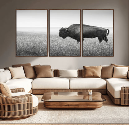 A black and white photograph of a majestic bison standing in a vast grassy prairie, evoking a sense of wilderness and strength.