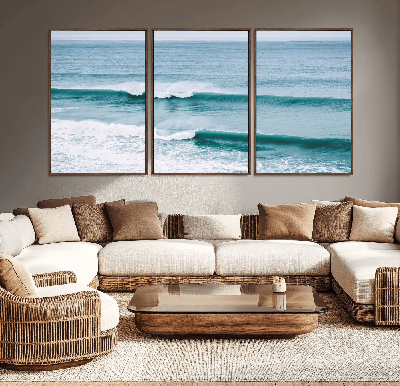 Powerful ocean waves rolling towards the shore, their turquoise hues blending with white sea foam under an open horizon, capturing the essence of the ocean's movement.