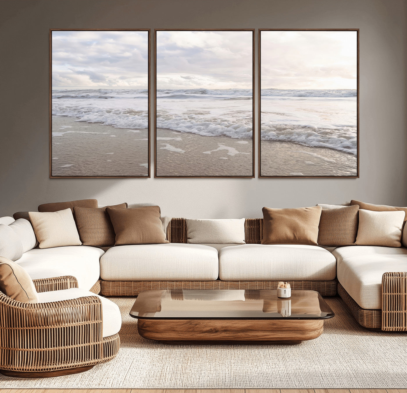 Peaceful ocean waves rolling onto the sandy shore under soft light, perfect for neutral or coastal minimalist decor themes.