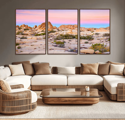 A breathtaking desert landscape featuring rugged rock formations under a vibrant pastel sunset sky, capturing the warmth and serenity of a Southwestern wilderness.