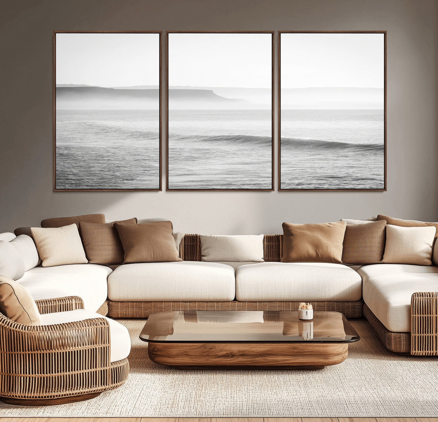 A black and white minimalist seascape featuring soft rolling waves and misty distant cliffs, creating a serene and timeless coastal atmosphere.