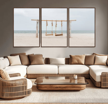 A rustic wooden beach swing stands on a serene sandy shore with an ocean horizon in the background, creating a tranquil and dreamy coastal escape.