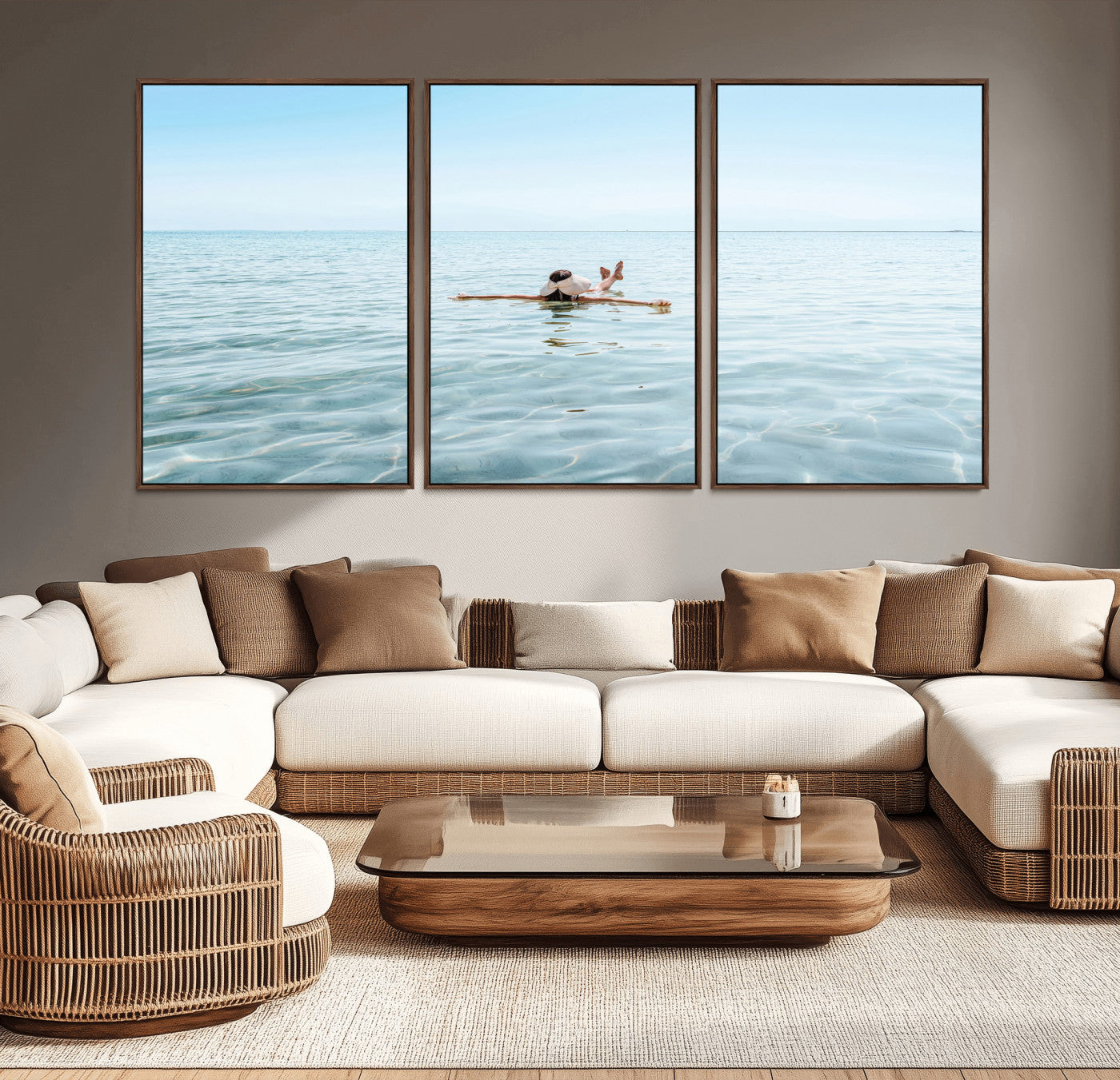A peaceful minimalist scene of a person floating on crystal-clear water, surrounded by a vast open horizon, capturing relaxation and serenity in a tranquil aquatic setting.
