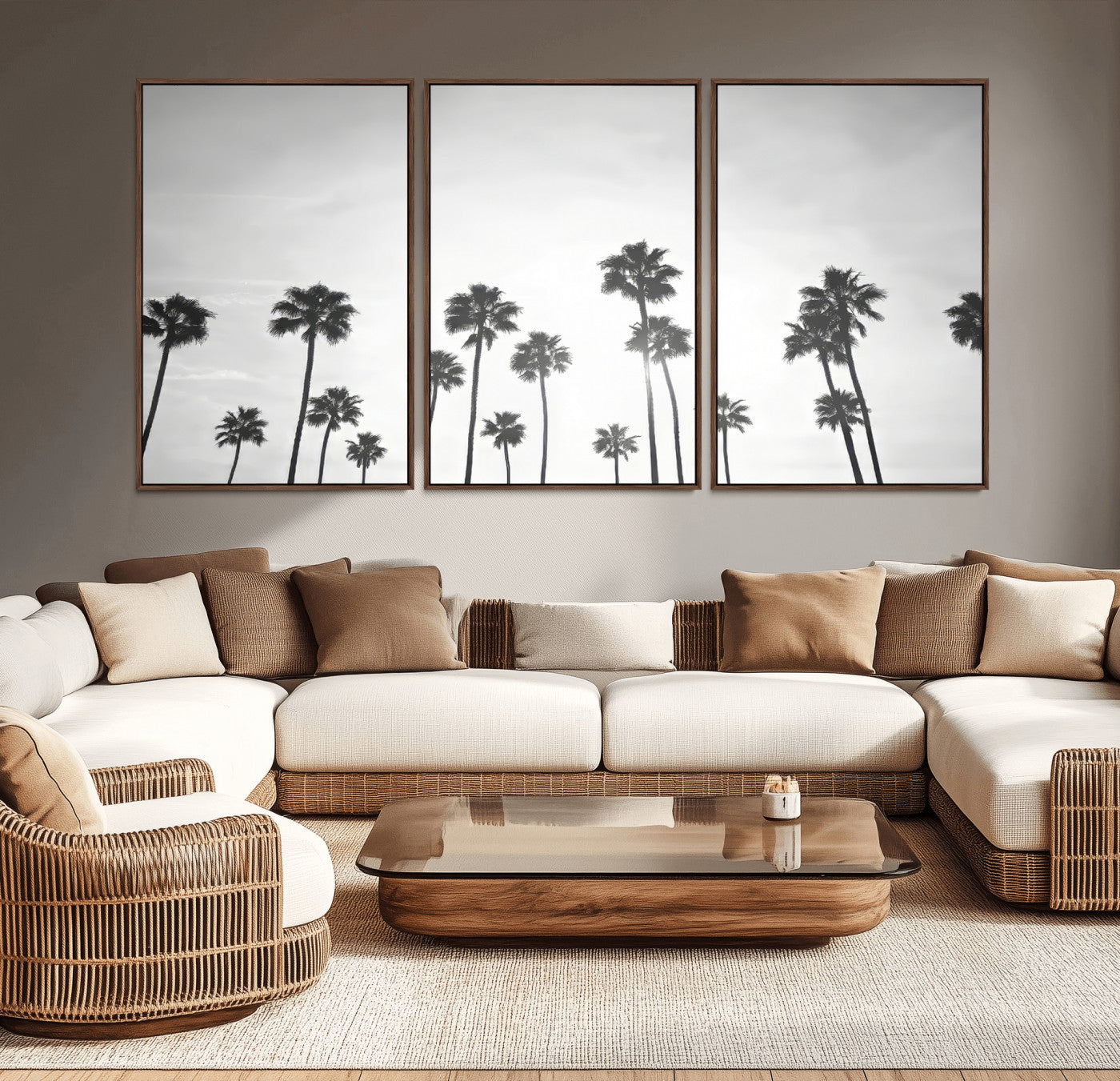 A black and white minimalist scene featuring tall palm trees silhouetted against a bright sky, creating a dreamy and timeless tropical aesthetic.