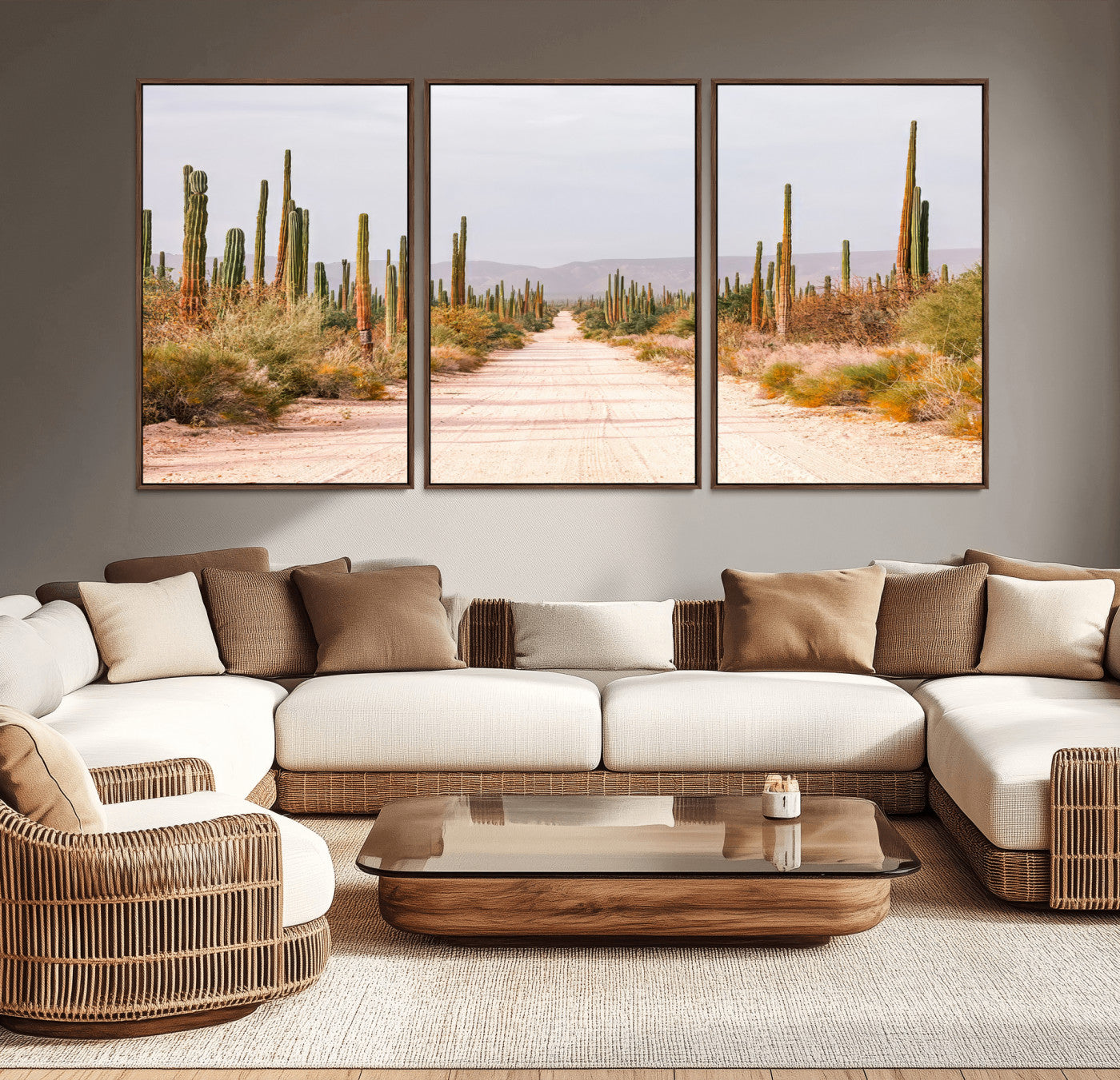 A desert road lined with saguaro cacti under a golden sky, creating a warm southwestern feel, perfect for boho or rustic decor.