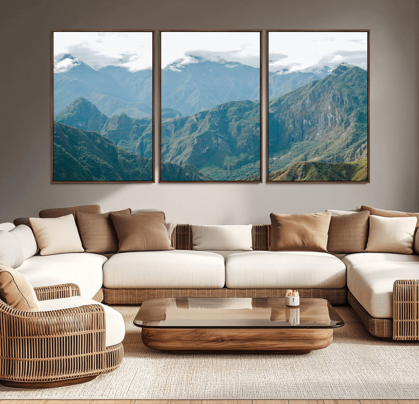 A misty mountain landscape with cloud-covered Andean peaks and lush green valleys, creating a dramatic and serene view, perfect for rustic or nature-inspired home decor.