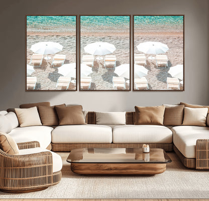 A bright beach scene with white umbrellas, pastel sand, and turquoise waters, creating a tranquil coastal vibe, perfect for beach house or summer decor.