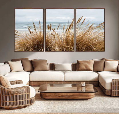 Canvas of golden beach grass swaying by the ocean under a soft cloudy sky, perfect for neutral-toned or coastal minimalist decor.