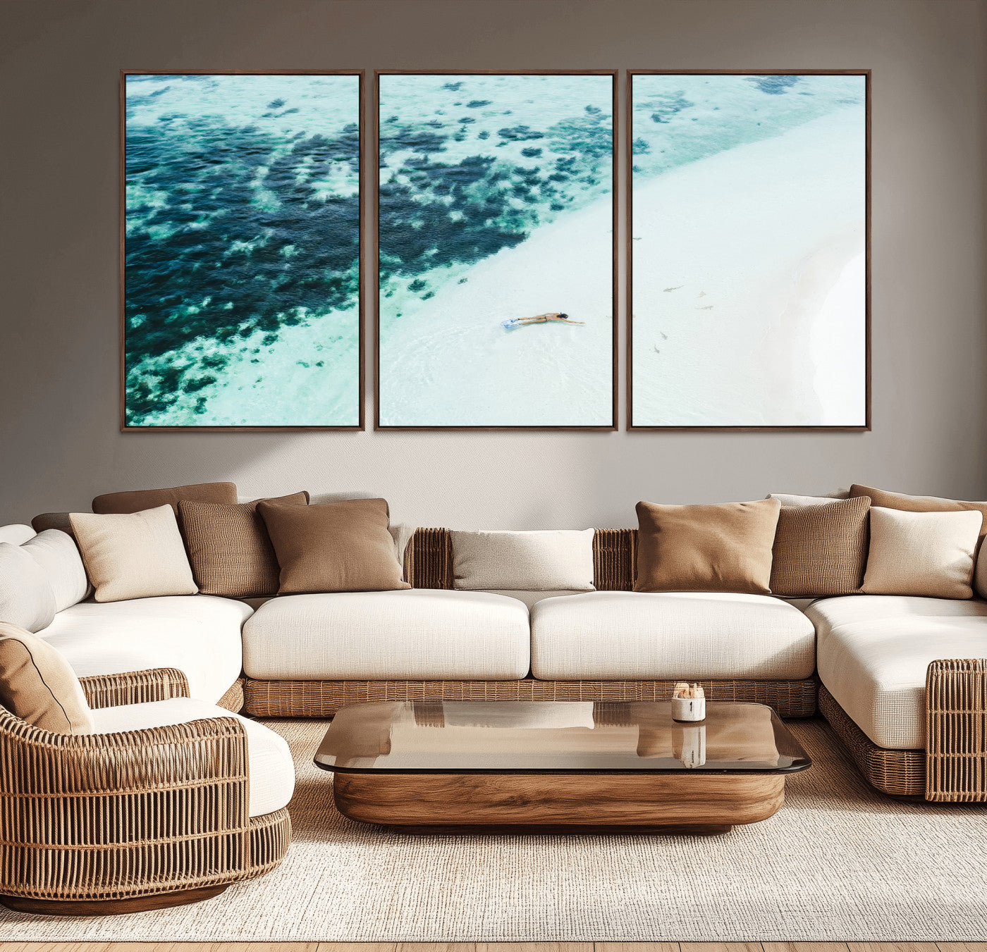 Canvas featuring an aerial view of a swimmer in shallow turquoise waters with coral patterns, ideal for tropical coastal home decor.