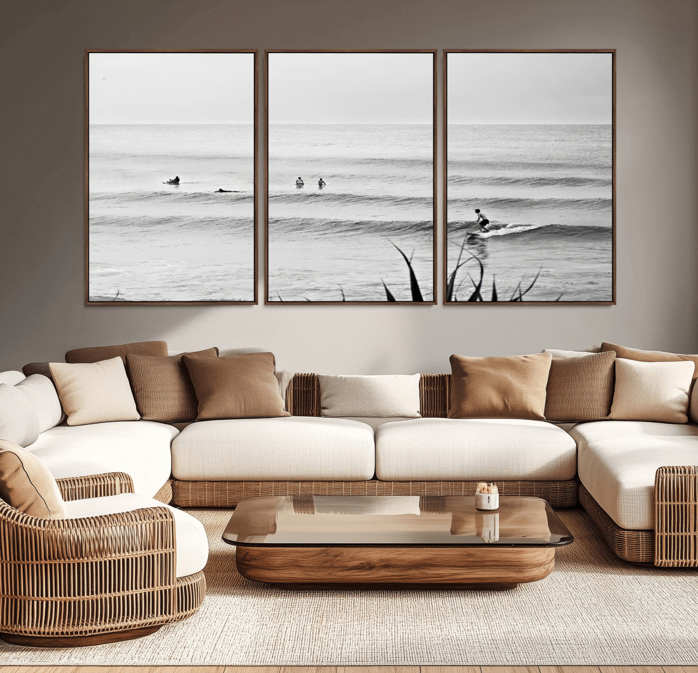 Monochrome canvas of surfers on calm ocean waves, ideal for minimalist coastal or beach-inspired interior decor.