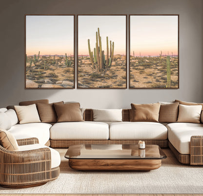 Canvas of tall desert cacti in warm sunset tones over a rocky Baja landscape, ideal for earthy or Southwestern-style home decor.