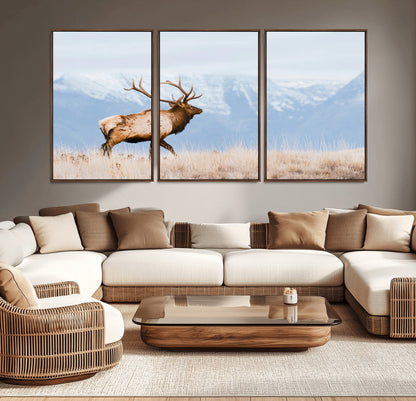 An elk walking on snowy grassland with majestic mountains in the background, ideal for rustic lodge or cabin wall decor.